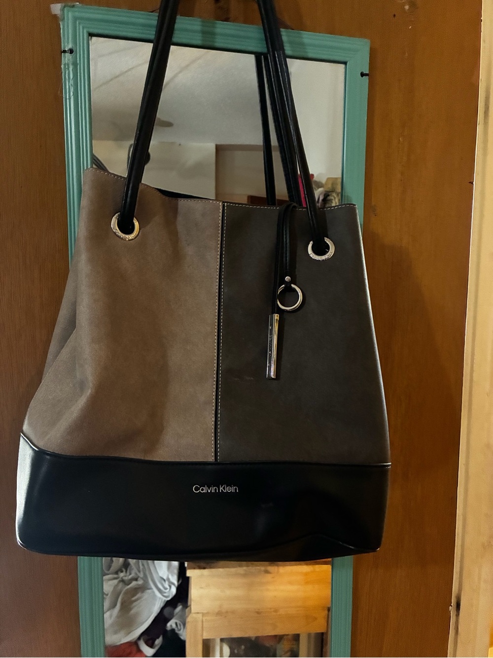 Calvin Klein Two-Tone Gray & Taupe Tote with Black Trim
